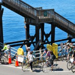 Cyclists getting on the Bainbridge Ferry, Seattle side in summer.