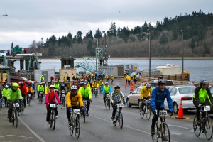 Cyclists unloading off Bainbridge Island Ferry. Bainbridge Island Ferry Commute.