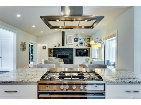 A view from the kitchen into the great room.